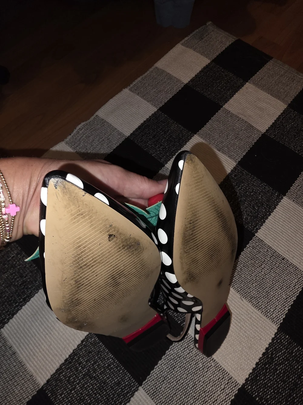 Betsey Johnson Black & White Polka Dot Slingback Flats with Cherry Detail